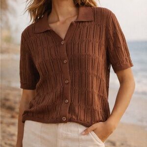 Open Knit Collared Button Up Short-Sleeve Sweater Brown Boho Coastal Retro Large